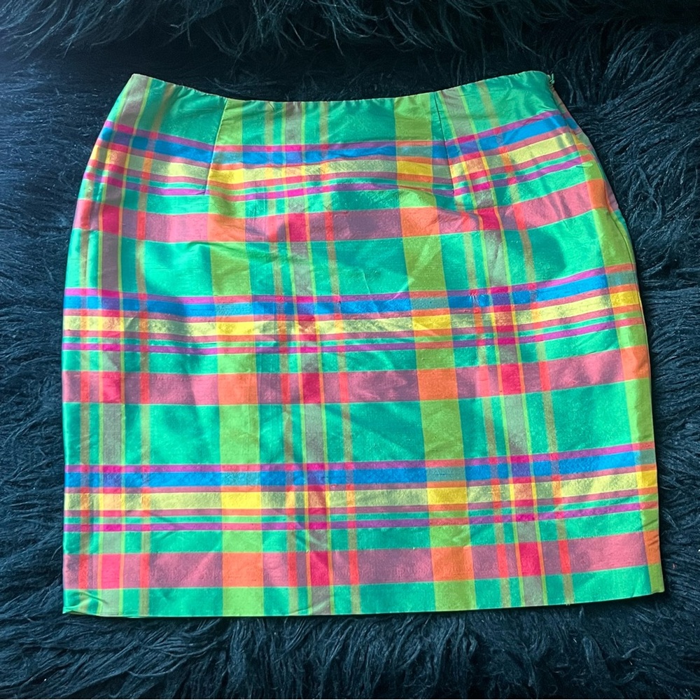NWT Vintage Ralph Lauren Silk Plaid Blue Green Red Yellow Pencil Mini Skirt 10P